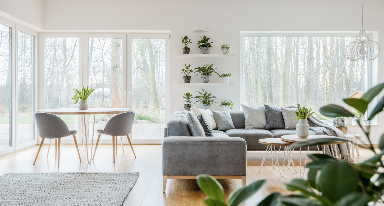 a living room with large windows